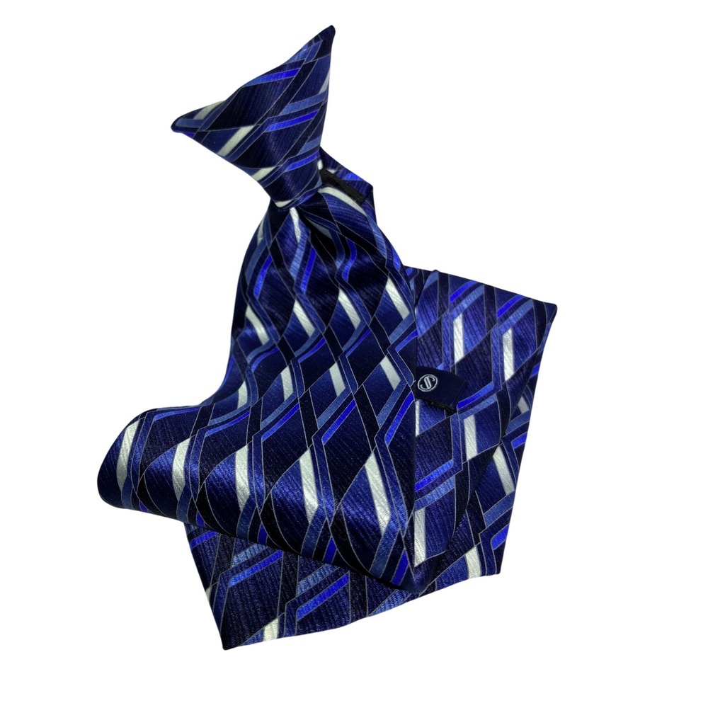 Stafford Essentials Mens Clip On Tie Blue Silve Geometric Diamond Pattern 20.5in
